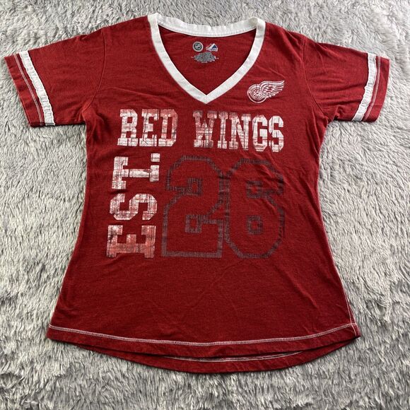 Detroit Red Wings Shirt Womens Small Red White NHL Hockey Retro Throwback Vneck - Picture 2 of 8